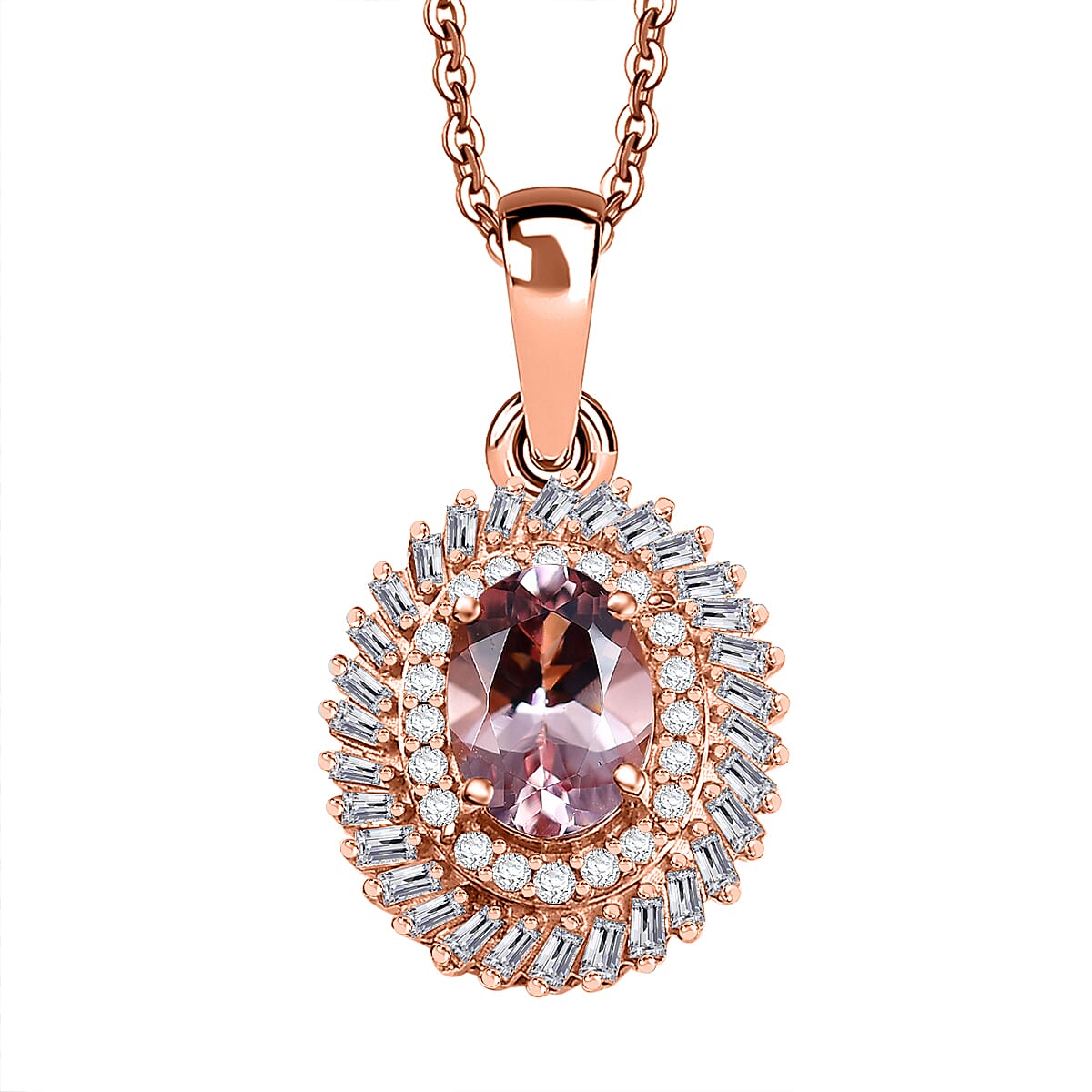 Premium Marropino Morganite and Diamond 1.15 ctw Double Halo Pendant Necklace in 18K Vermeil Rose Gold Over Sterling Silver 20 Inches