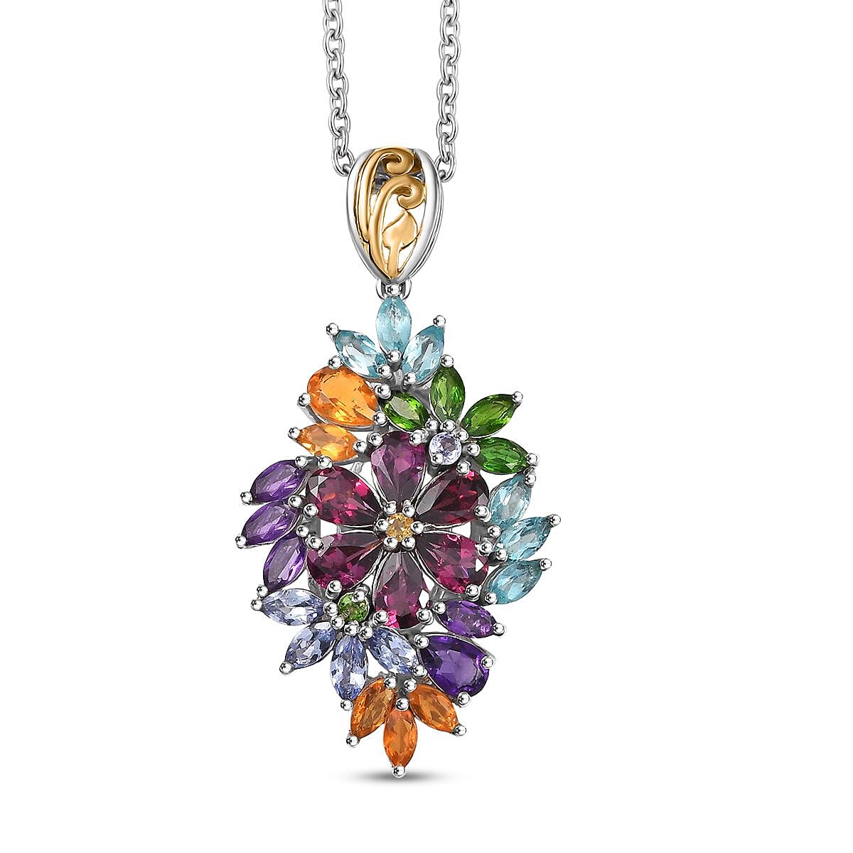 D'Joy Multi Gemstone 6.75 ctw Flowers Bouquet Pendant Necklace 20 Inches in 18K Vermeil YG and Rhodium Over Sterling Silver
