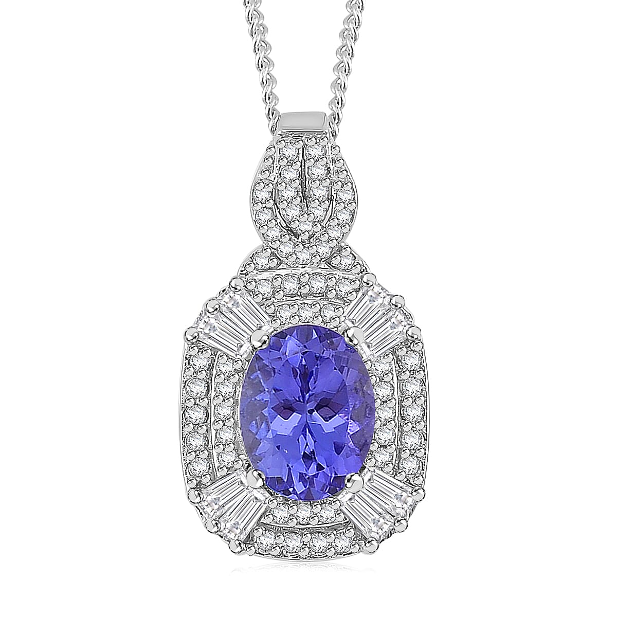 D'Joy Tanzanite, White Zircon Pendant Necklace (18 Inches) in Rhodium Over Sterling Silver 2.00 ctw