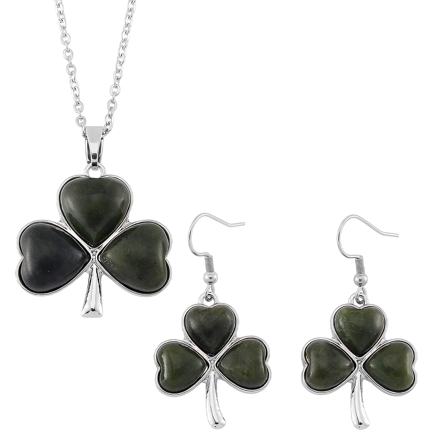 Connemara Marble 110.00 ctw Clover Leaf Earrings and Pendant Necklace 20 Inches in Stainless Steel