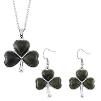 Connemara Marble 110.00 ctw Clover Leaf Earrings and Pendant Necklace 20 Inches in Stainless Steel