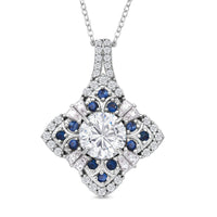 120 Faceted Moissanite (Rnd 8 mm), Blue Sapphire Pendant Necklace (20 Inches) in Rhodium Over Sterling Silver 3.00 ctw