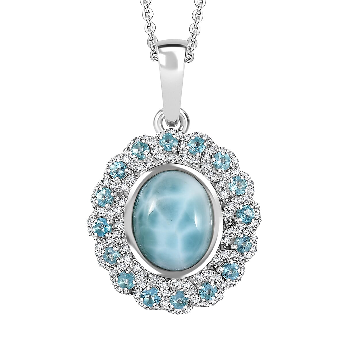 Larimar and Multi Gemstone 5.50 ctw Ocean Empress Pendant Necklace in Rhodium Over Sterling Silver 20 Inches