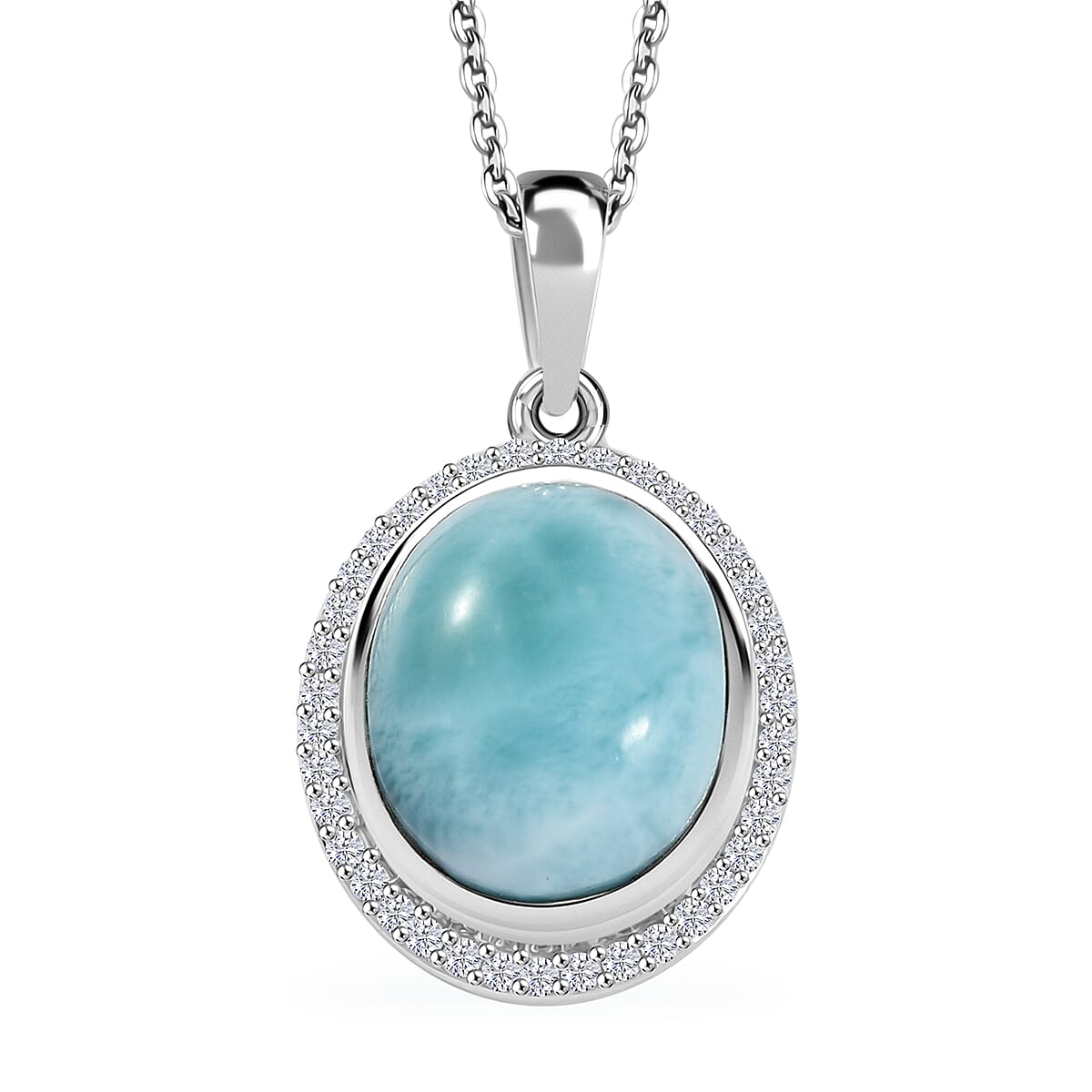 Premium Larimar and White Zircon 5.85 ctw Dolphin Pendant Necklace (20 Inches) in Rhodium Over Sterling Silver