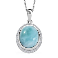 Premium Larimar and White Zircon 5.85 ctw Dolphin Pendant Necklace (20 Inches) in Rhodium Over Sterling Silver