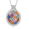 Multi Sapphire, White Zircon Sunburst Cluster Pendant Necklace in Sterling Silver 20 Inches - Sticky add to cart bar