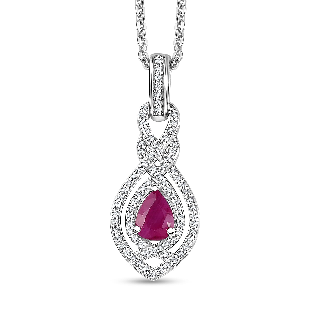 AAA Royal Ruby and White Zircon 1.50 ctw Infinity Teardrop Pendant Necklace in Rhodium Over Sterling Silver 20 Inches