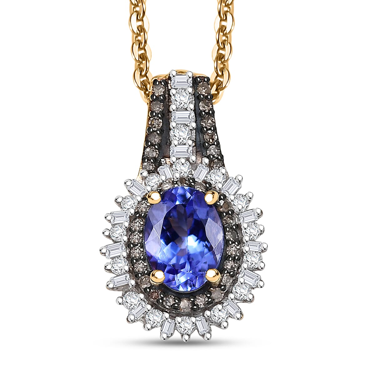 D'Joy Tanzanite, Natural Champagne and White Diamond 1.25 ctw Pendant Necklace 20 Inches in 18K Vermeil Yellow Gold Over Sterling Silver