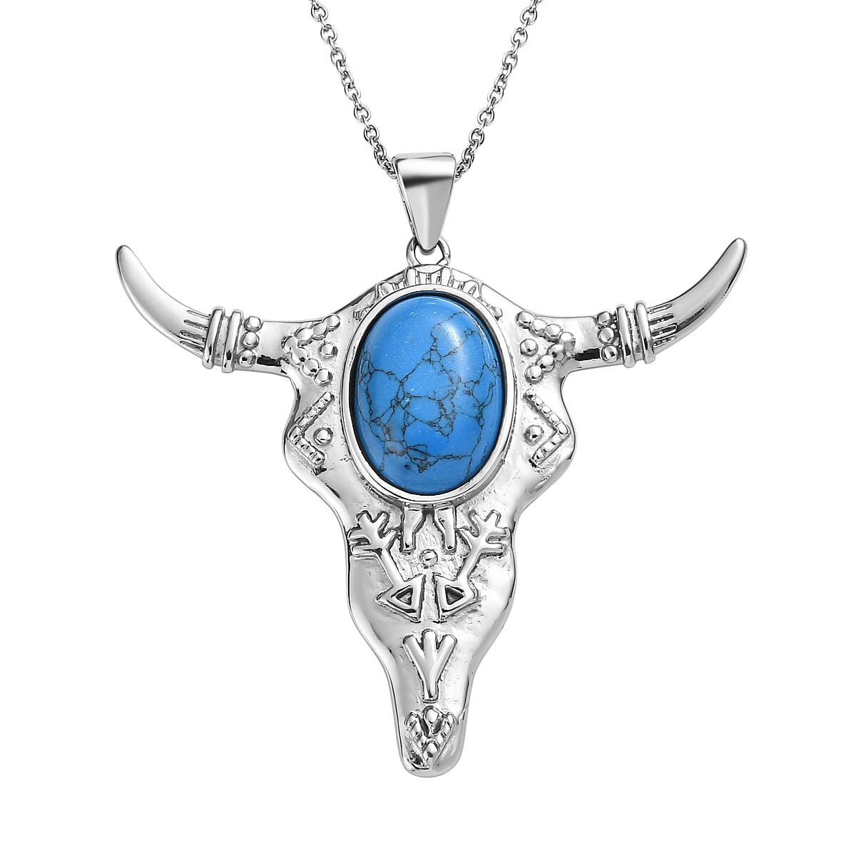 Blue Howlite 10.50 ctw Bull Head Pendant Necklace in Stainless Steel 20 Inches