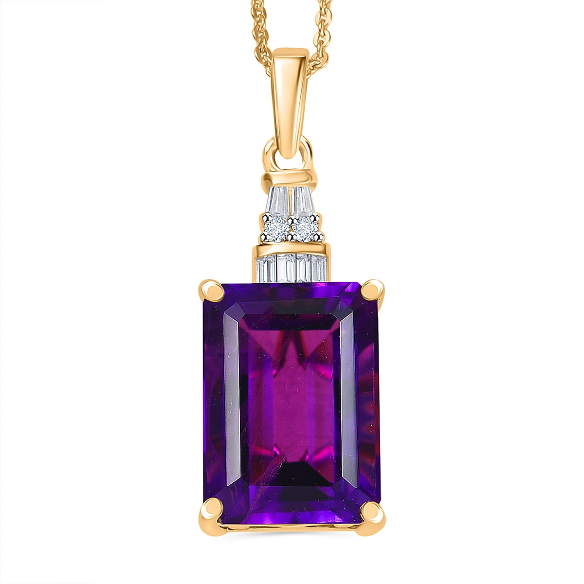 AAA Lusaka Amethyst and Moissanite 7.40 ctw Art Deco Pendant Necklace in 18K Vermeil Yellow Gold Over Sterling Silver 20 Inches