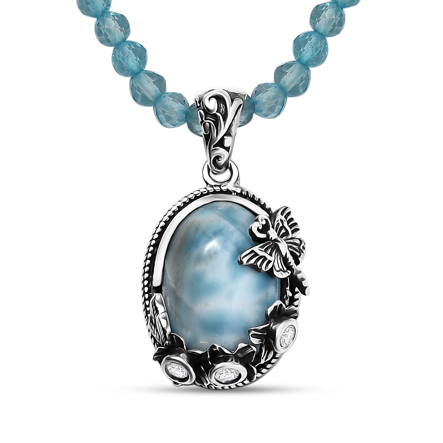 Artisan Crafted Premium Larimar and Multi Gemstone 34.70 ctw Pendant Necklace in Rhodium Over and Black Oxidized Sterling Silver 20 Inches