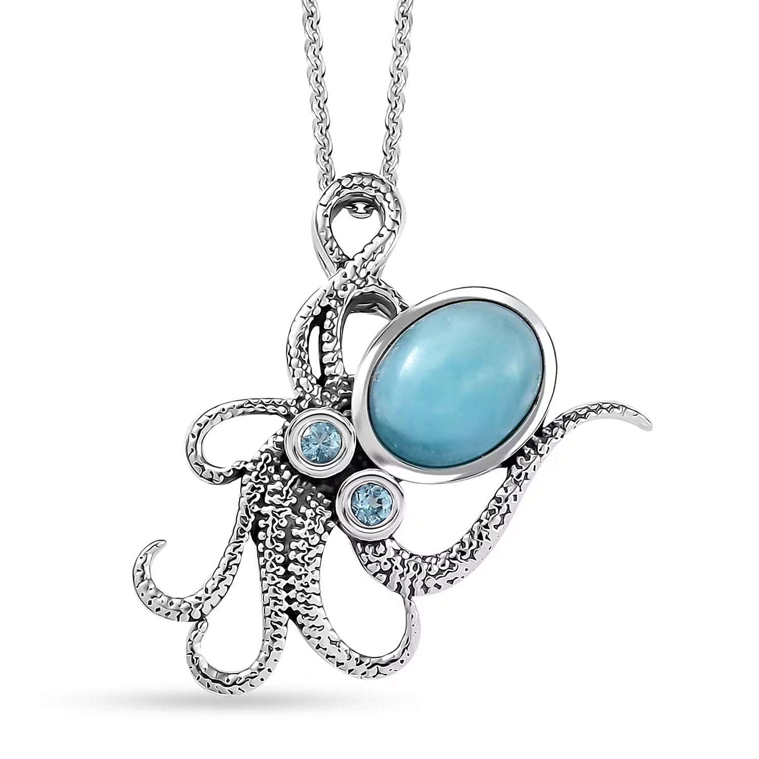 Artisan Crafted Larimar and Betroka Blue Apatite 2.35 ctw Octopus Pendant Necklace in Rhodium Over Sterling Silver 20 Inches