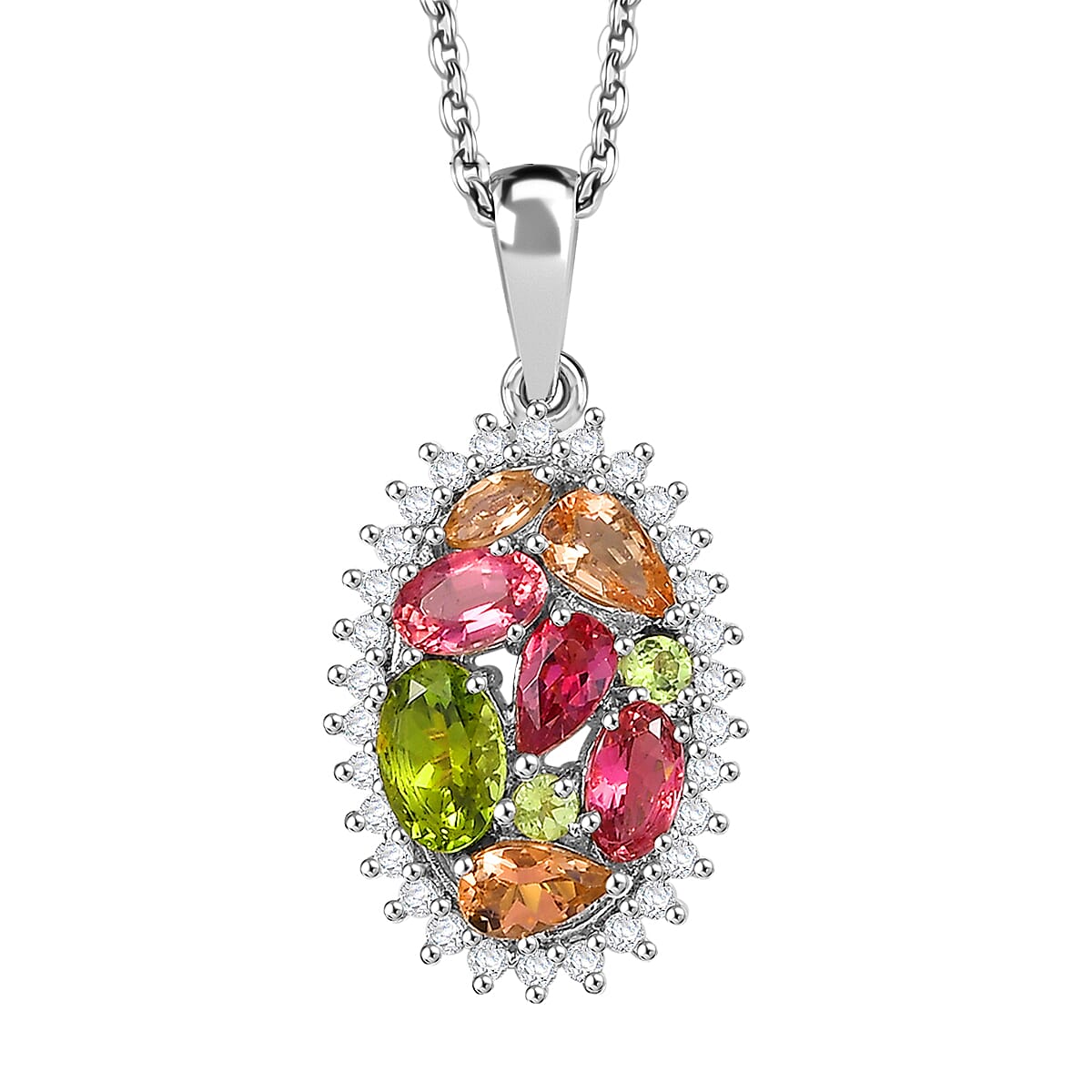 D'Joy AAA Multi Color Tourmaline and White Zircon 2.00 ctw Autumn Bloom Pendant Necklace in Rhodium Over Sterling Silver 20 Inches