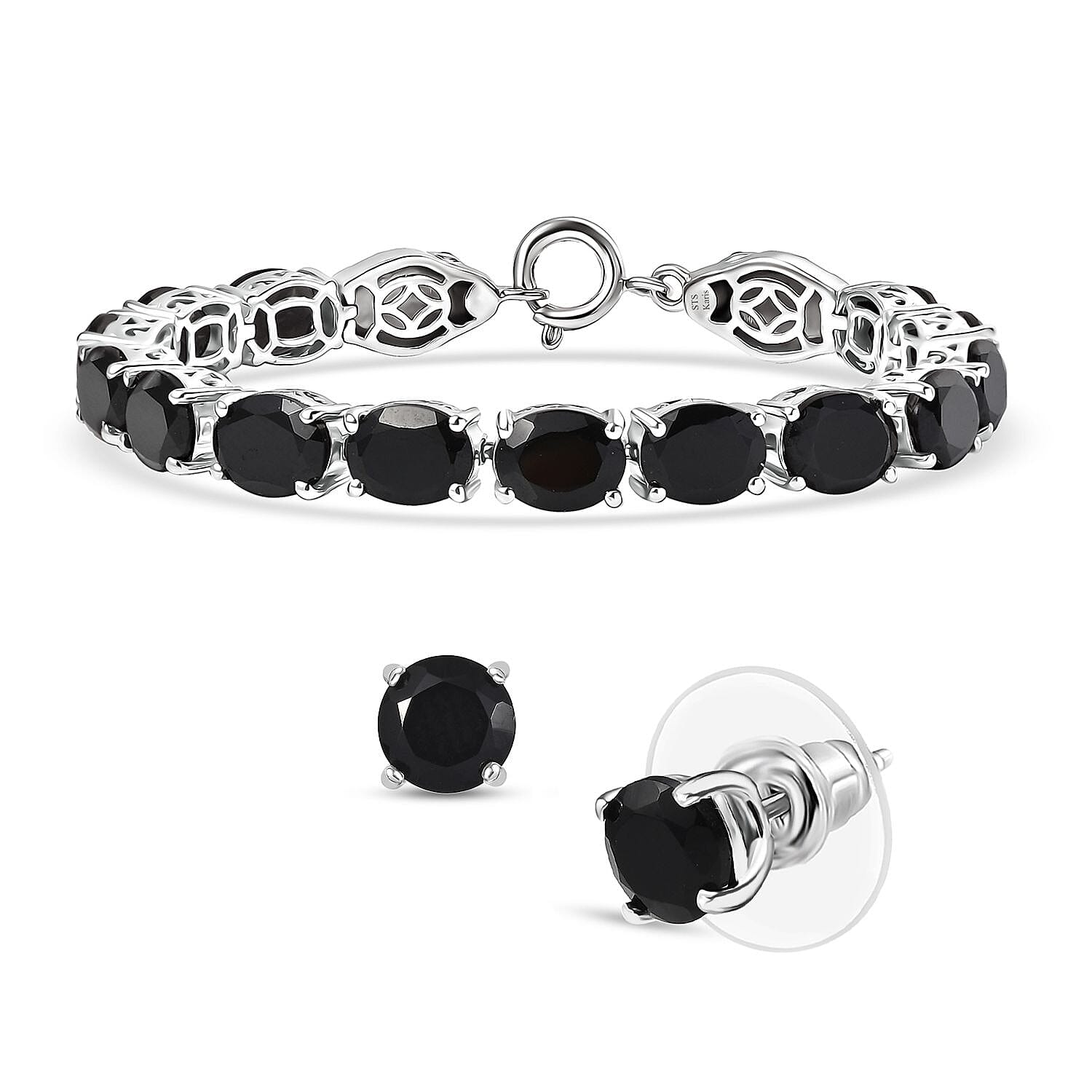 2 Piece Set - Karis Thai Black Spinel, Natural Champagne Zircon Linking Bracelet (6.50In) and Solitaire Stud Earrings in Platinum Bond 38.10 ctw