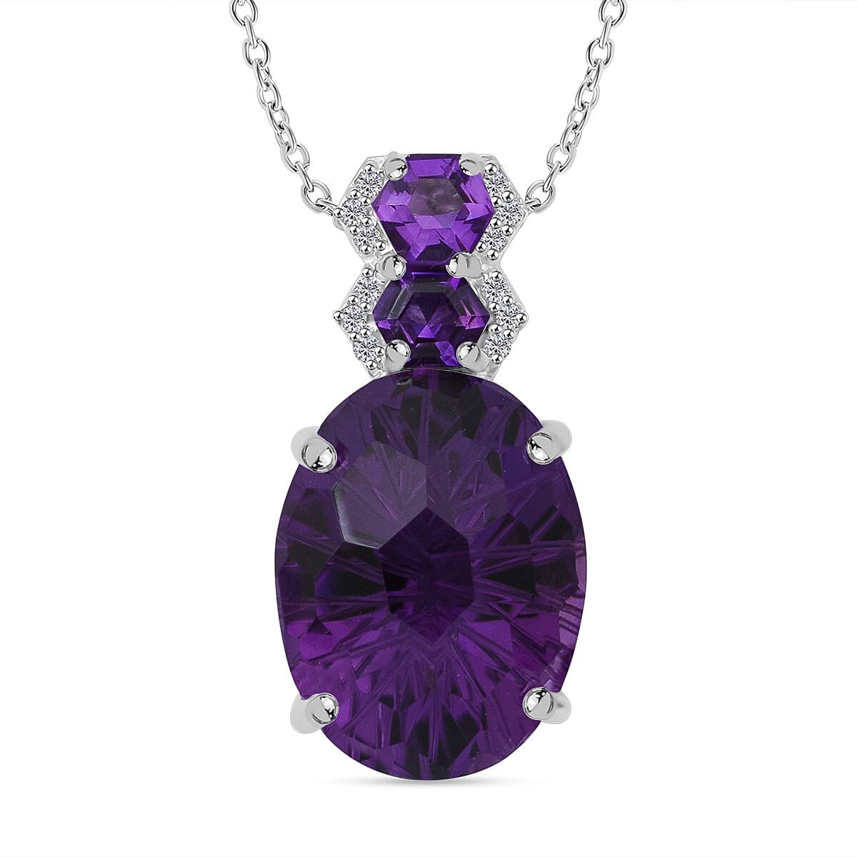 African Amethyst, White Zircon Pendant Necklace (20 Inches) in Rhodium Over Sterling Silver 10.10 ctw