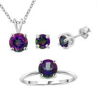 Green Mystic Topaz Stud Earrings, Solitaire Ring (Size 5.0) and Pendant Necklace (20 Inches) in Rhodium Over Sterling Silver 3.25 ctw
