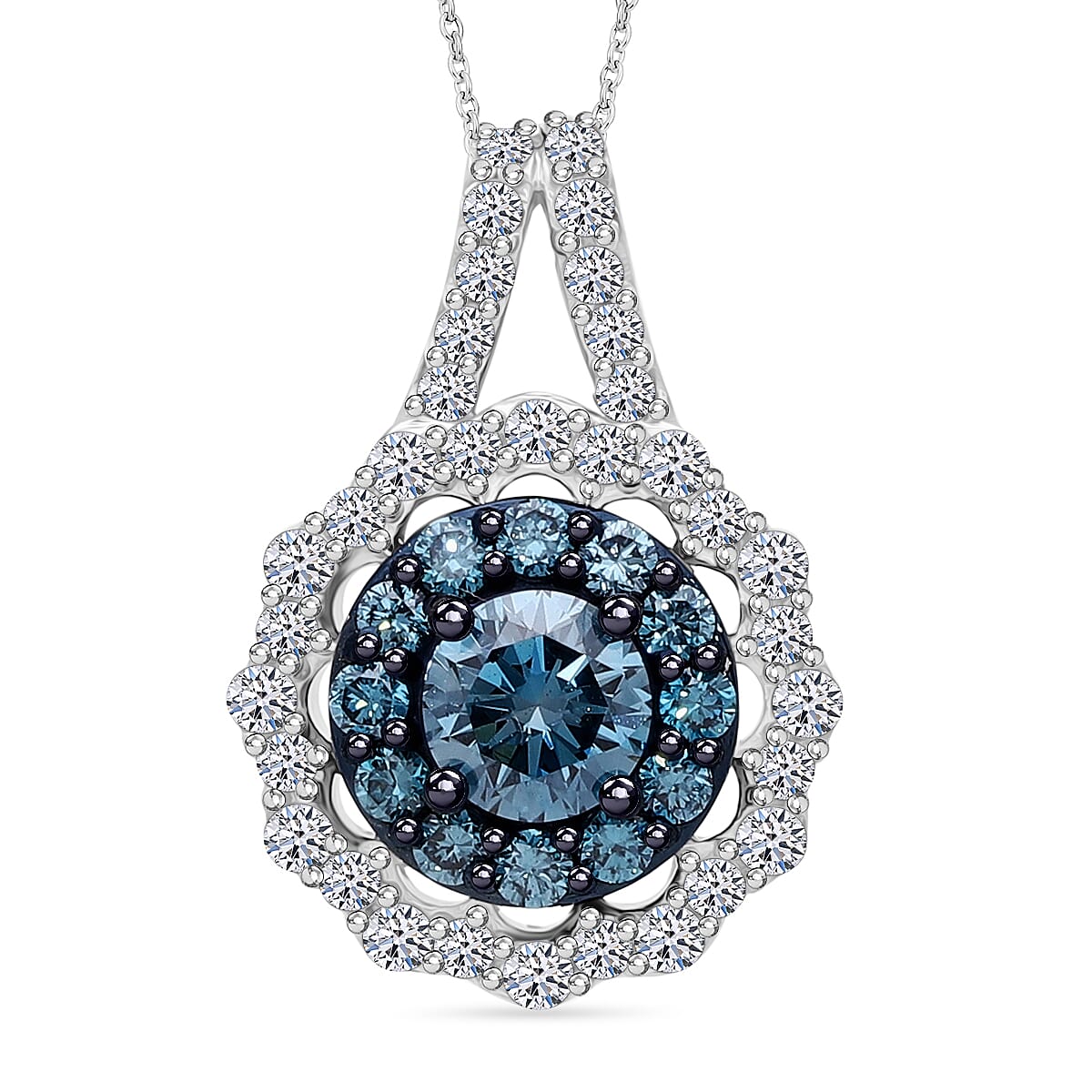 Luxuriant Lab Grown Blue Diamond (IR) and Lab Grown White Diamond (SI) 1.00 ctw Ocean Empress Pendant Necklace in Rhodium Over Sterling Silver 20 inches