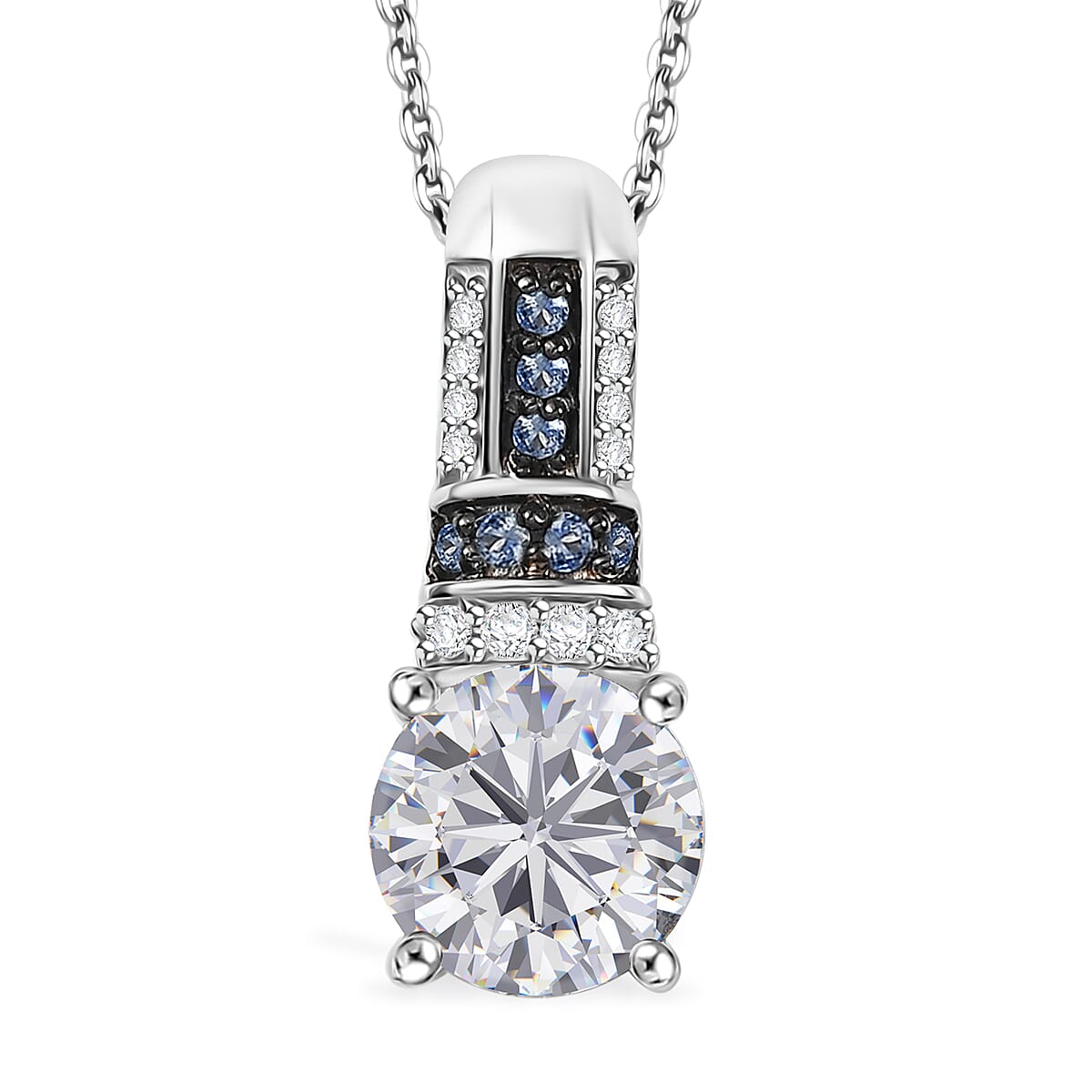 Epic Deal Moissanite (Rnd 7.5mm), Blue Sapphire Pendant Necklace (20 Inches) in Rhodium Over Sterling Silver 1.80 ctw