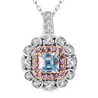 Asscher Cut Premium Cambodian Blue Zircon and Multi Gemstone 2.90 ctw Floral Pendant Necklace in Rhodium Over Sterling Silver 20 Inches