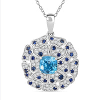 Premium Cambodian Blue Zircon and Multi Gemstone 4.15 ctw Floral Pendant Necklace in Rhodium Over Sterling Silver 20 Inches