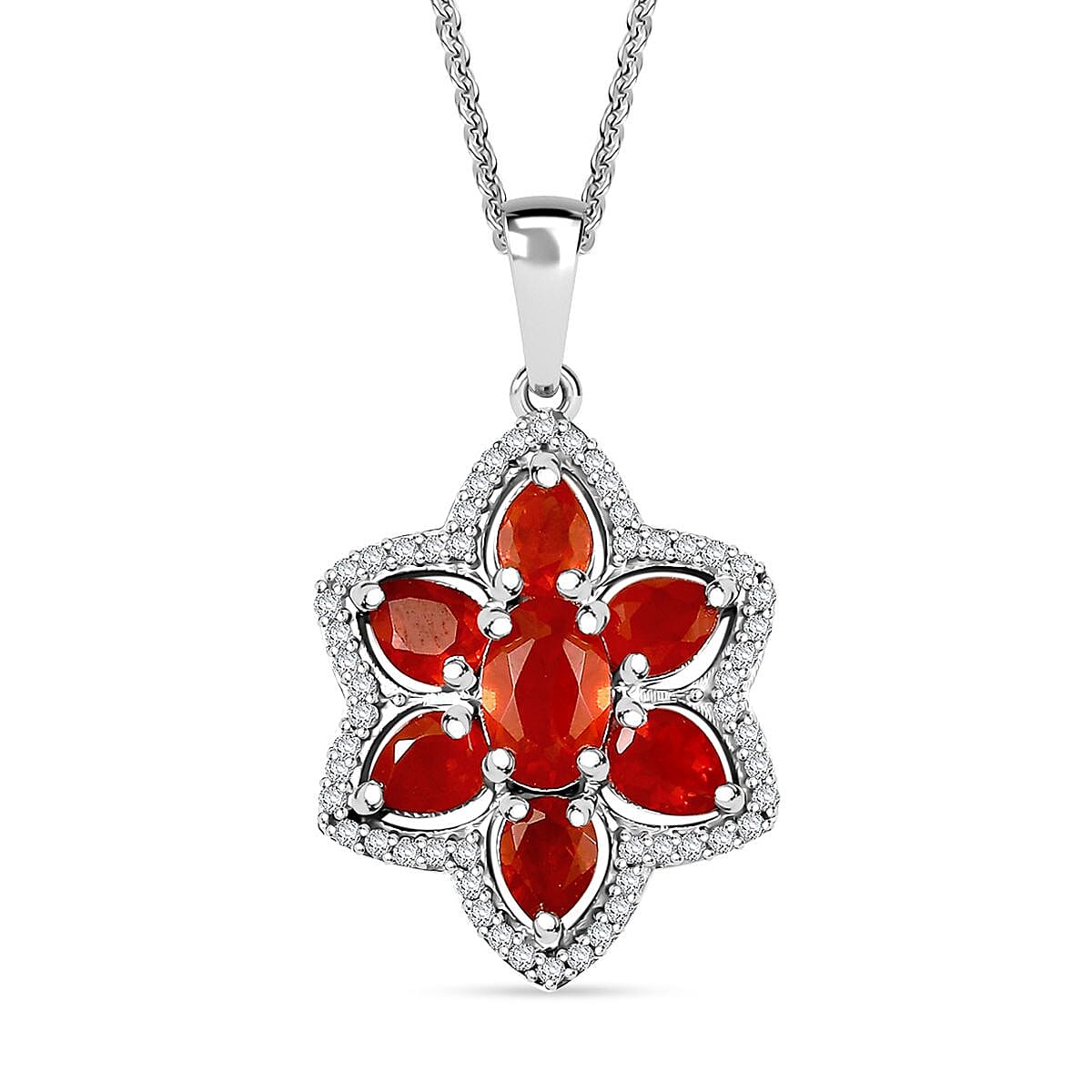 Crimson Fire Opal and White Zircon 1.30 ctw Luminous Dahlia Pendant Necklace in Rhodium Over Sterling Silver 20 Inches