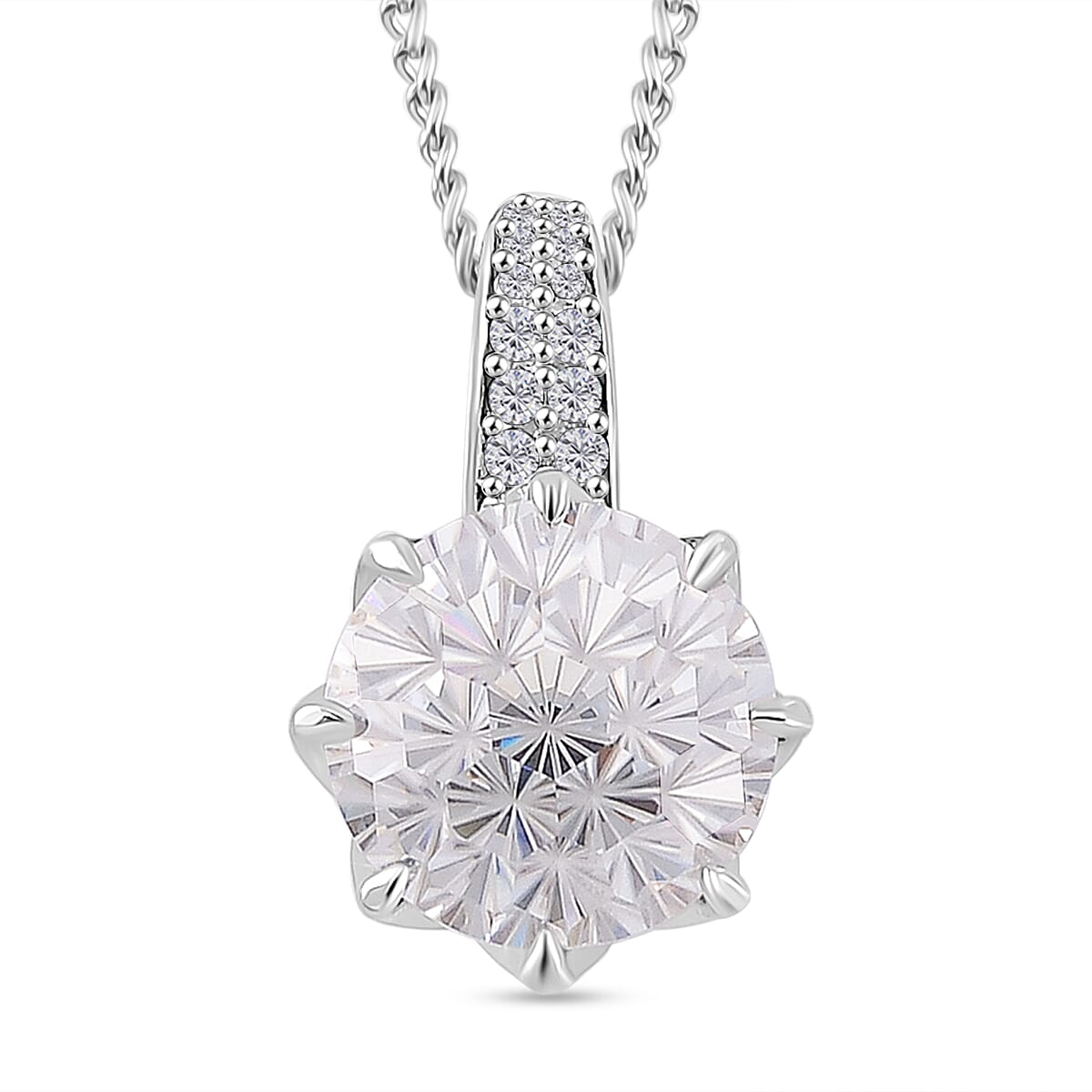 Maple Cut Moissanite 3.25 ctw Crown Pendant Necklace in Rhodium Over Sterling Silver 18 Inches