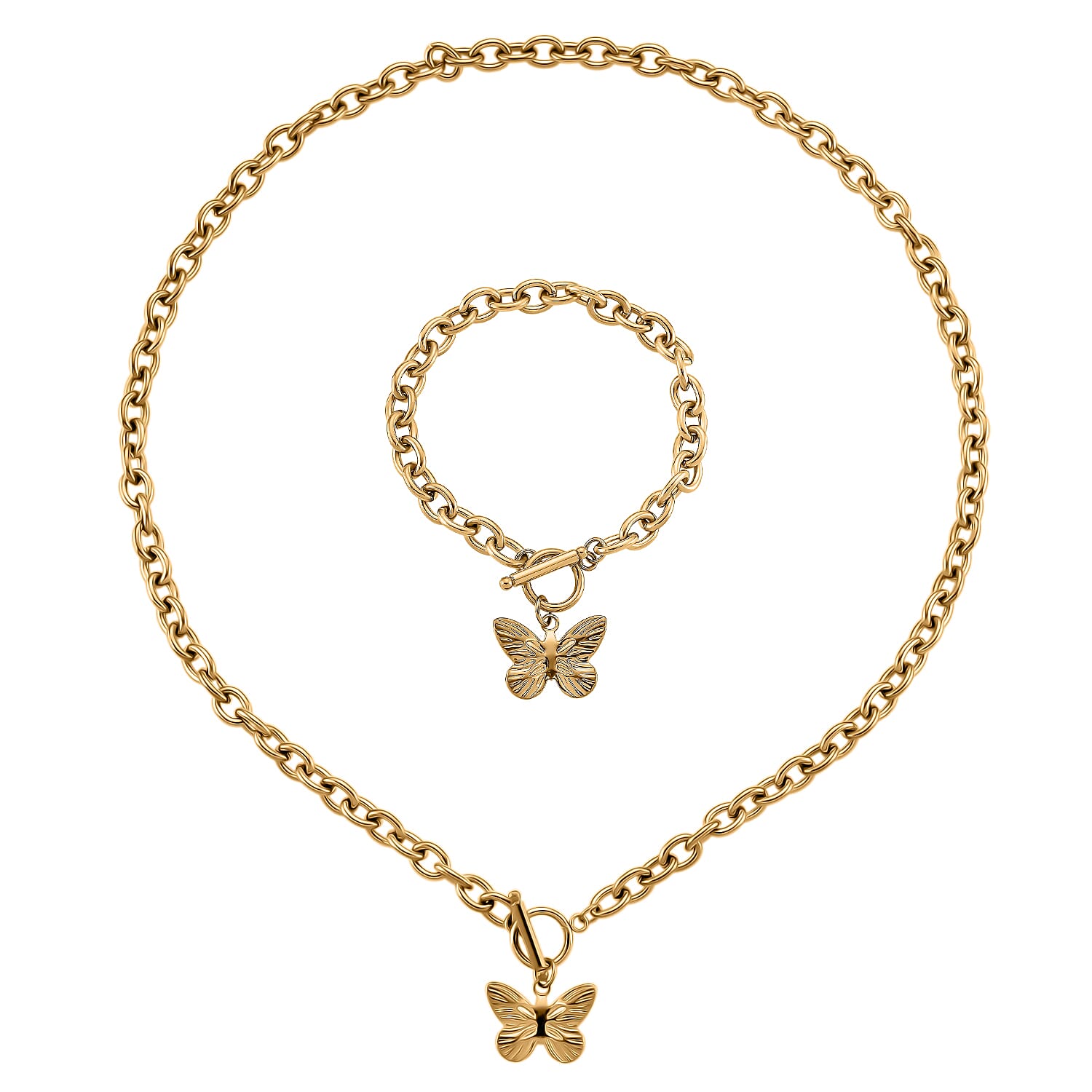 Butterfly Charm Bracelet (8.0In) and Necklace (24 Inches) in ION Plated YG Stainless Steel