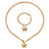 Butterfly Charm Bracelet (8.0In) and Necklace (24 Inches) in ION Plated YG Stainless Steel