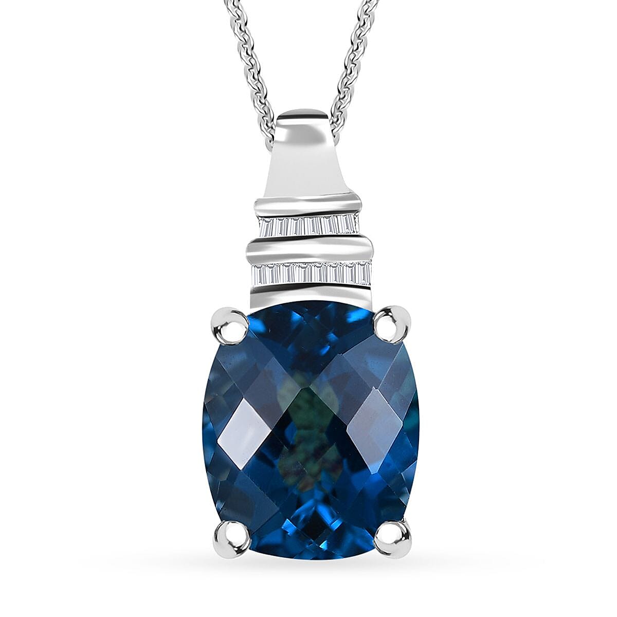 Premium London Blue Topaz and Diamond 6.50 ctw Pendant Necklace in Rhodium Over Sterling Silver 20 Inches