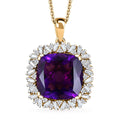 D'Joy AAA Zambian Amethyst and Moissanite 14.60 ctw Majestic Halo Pendant Necklace in 18K Vermeil Yellow Gold Over Sterling Silver 20 Inches - Sticky add to cart bar