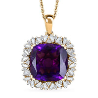 D'Joy AAA Zambian Amethyst and Moissanite 14.60 ctw Majestic Halo Pendant Necklace in 18K Vermeil Yellow Gold Over Sterling Silver 20 Inches