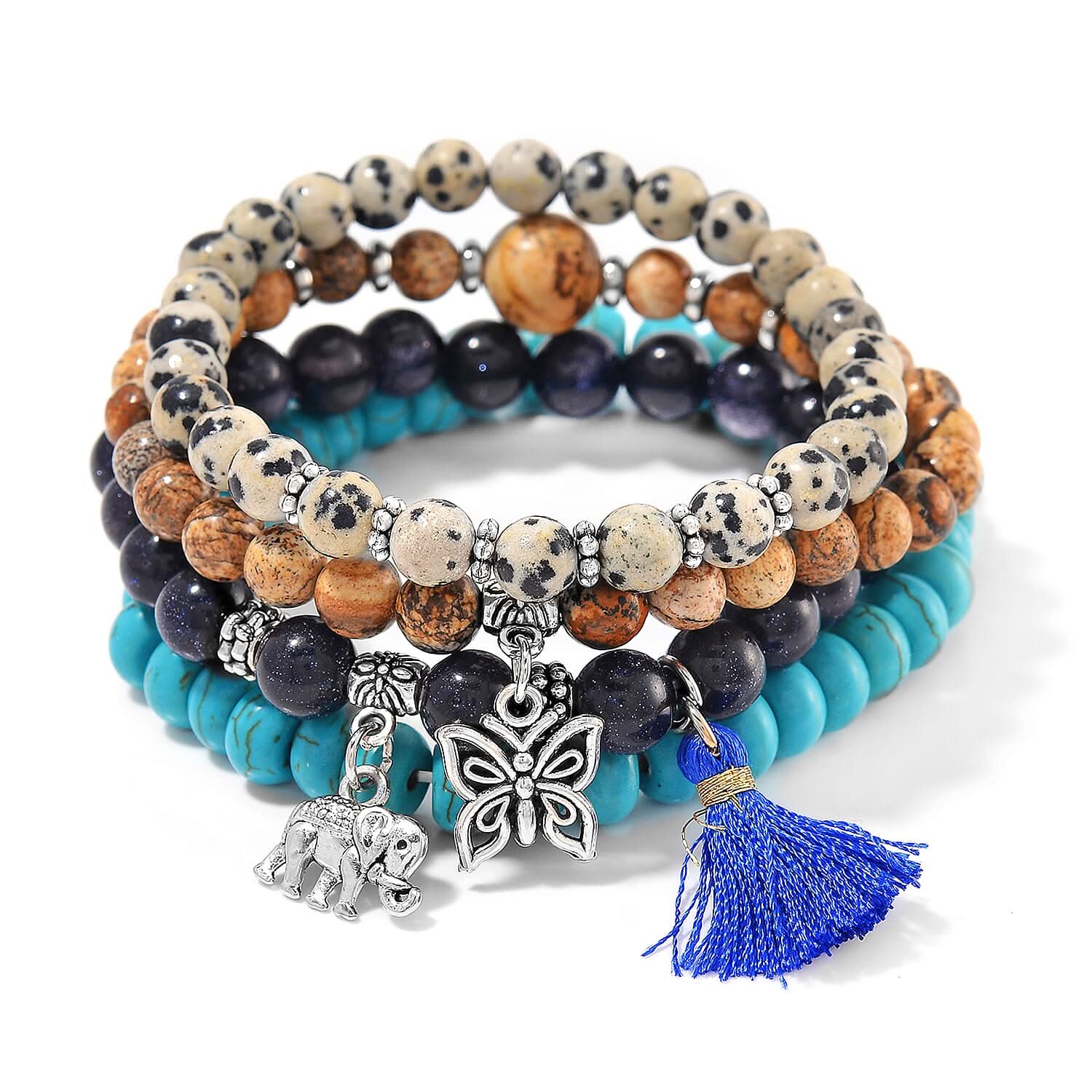 Set of 4 Multi Gemstone 275.00 ctw Bracelet with Butterfly and Elephant Charm in Silvertone (6.5-7In)