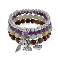 Set of 4 Multi Gemstone 245.00 ctw Bracelet with Heart, Wing and Elephant Charm in Silvertone (6.5-7In)
