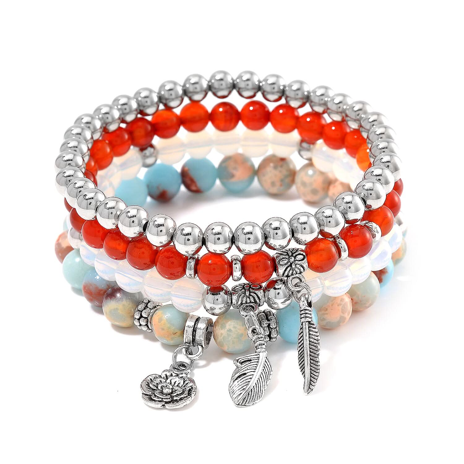 Set of 4 Multi Gemstone 165.00 ctw Bracelet with Flower and Feather Charm in Silvertone (6.5-7In)