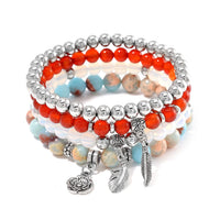 Set of 4 Multi Gemstone 165.00 ctw Bracelet with Flower and Feather Charm in Silvertone (6.5-7In)