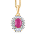 Premium Royal Ruby and Moissanite 1.80 ctw Rising Sun Pendant Necklace in 18K Vermeil Yellow Gold Over Sterling Silver 20 Inches - Sticky add to cart bar