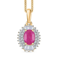 Premium Royal Ruby and Moissanite 1.80 ctw Rising Sun Pendant Necklace in 18K Vermeil Yellow Gold Over Sterling Silver 20 Inches