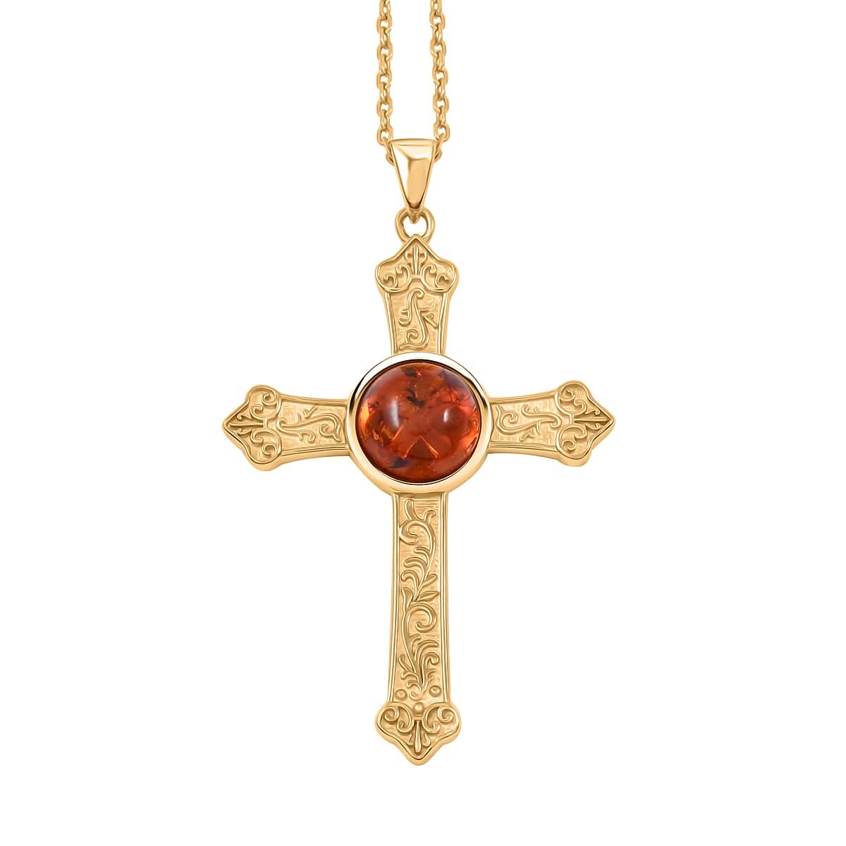 Baltic Amber Cross Pendant Necklace in 14K YG Over Sterling Silver 16 Inches