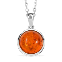 Blatic Amber Round Pendant Necklace in Sterling Silver 16 Inches