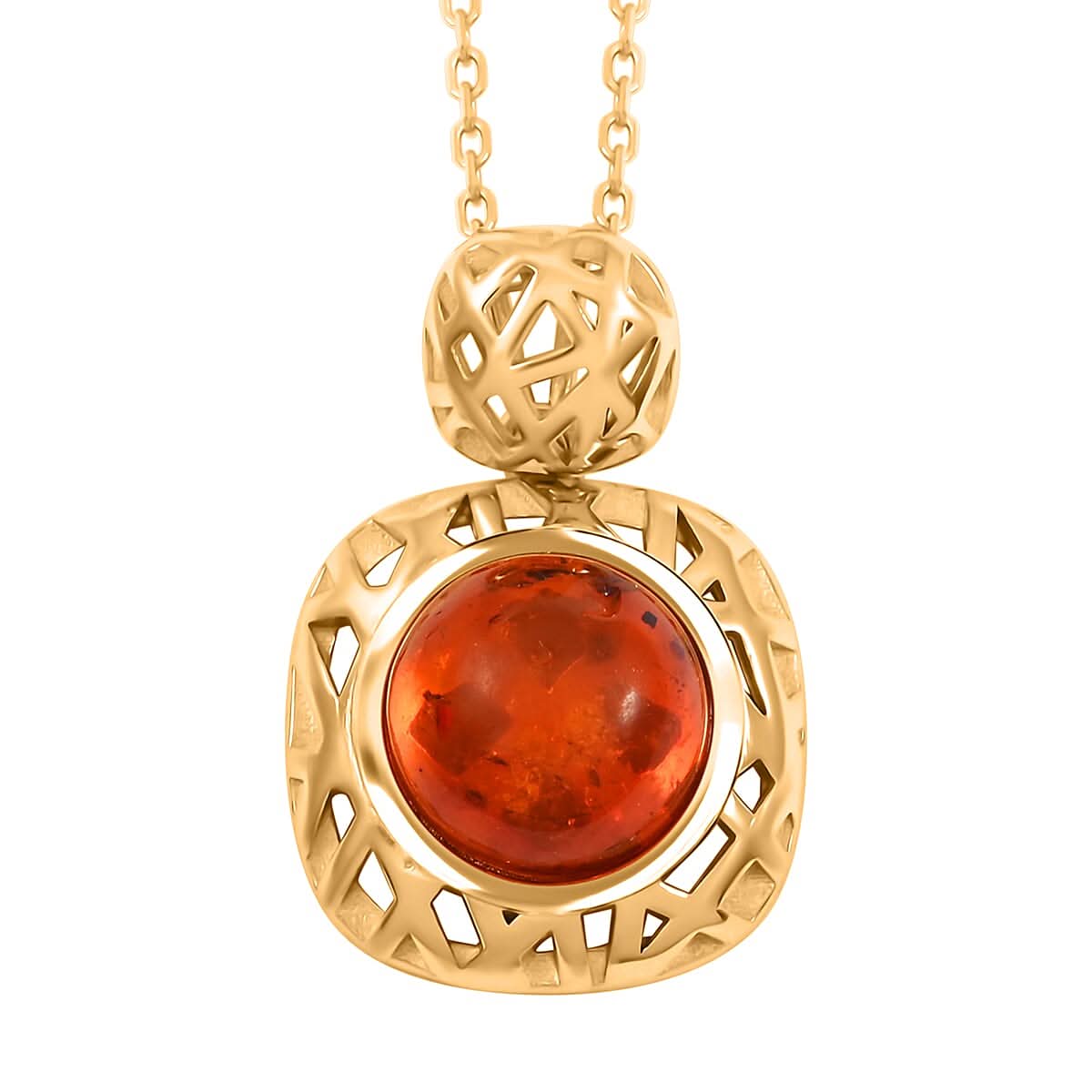 Baltic Amber Round Pendat Necklace in 14K Yellow Gold Over Sterling Silver 16 Inches