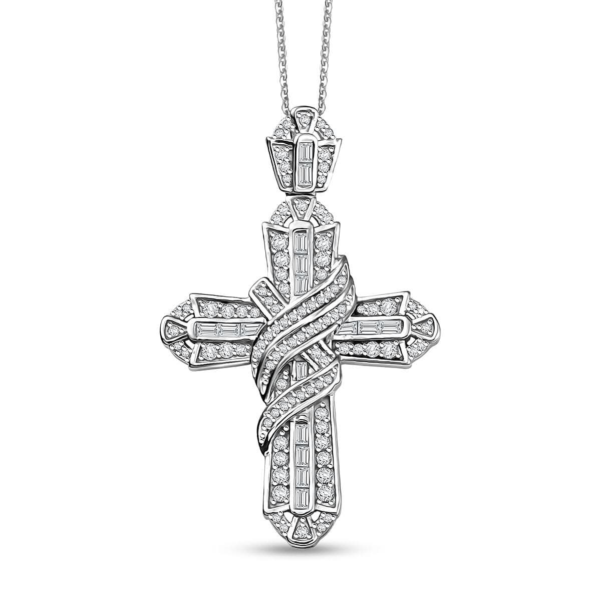 Diamond 1.00 ctw Cross Pendant Necklace in Rhodium Over Sterling Silver 20 Inches