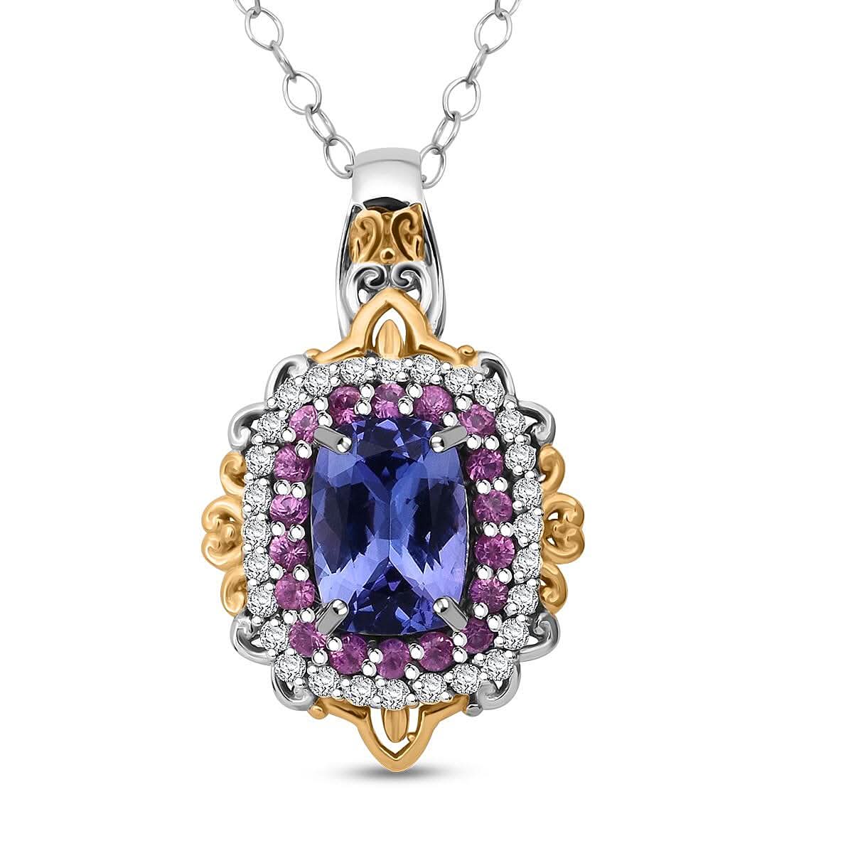 TLV Tanzanite, Multi Gemstone Pendant Necklace (20 Inches) in Vermeil YG and Rhodium Over Sterling Silver 2.20 ctw