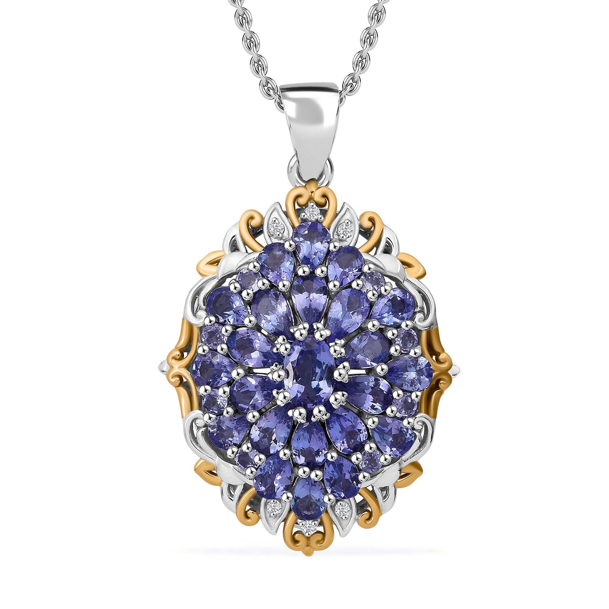 TLV Tanzanite (FF), White Zircon Floral Pendant Necklace (20 Inches) in Vermeil YG and Rhodium Over Sterling Silver 4.10 ctw
