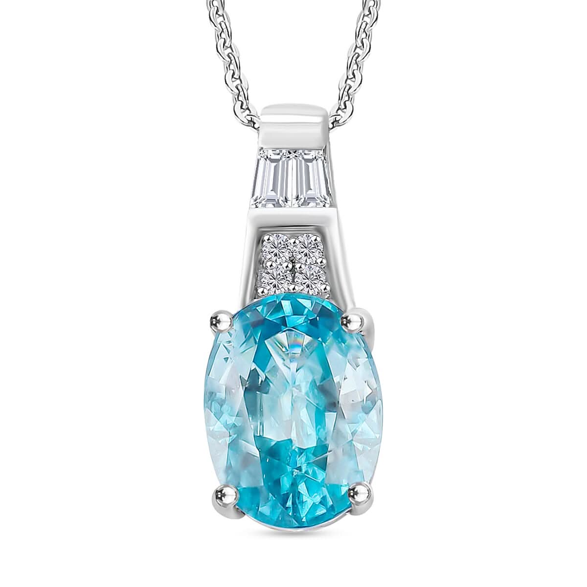 Cambodian Blue Zircon and White Zircon Pendant Necklace in Rhodium Over Sterling Silver (20 Inches) 3.30 ctw