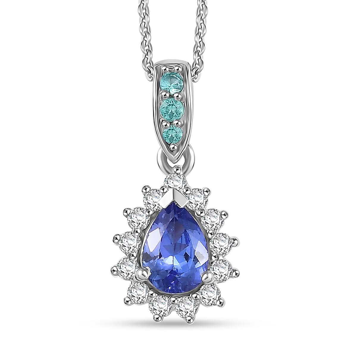 Premium Tanzanite, AAA Paraiba Tourmaline and Diamond 1.10 ctw Celestial Bloom Pendant Necklace in Rhodium Over Sterling Silver 20 Inches