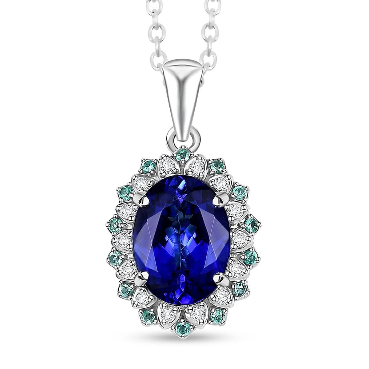 Certified & Appraised Rhapsody AAAA Tanzanite, Paraiba Tourmaline and E-F VS2 Diamond 3.55 ctw Pendant Necklace 20 Inches 5.90 Grams