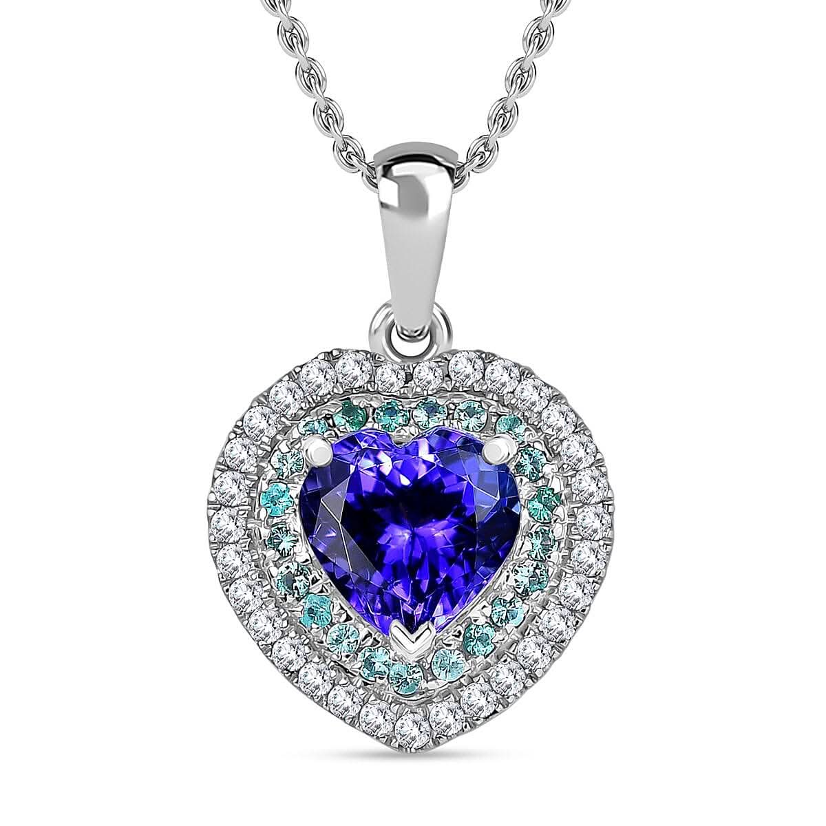 Certified & Appraised Rhapsody AAAA Tanzanite, Paraiba Tourmaline and E-F VS2 Diamond 2.20 ctw Heart Pendant Necklace in 950 Platinum 20 Inches 4.15 Grams