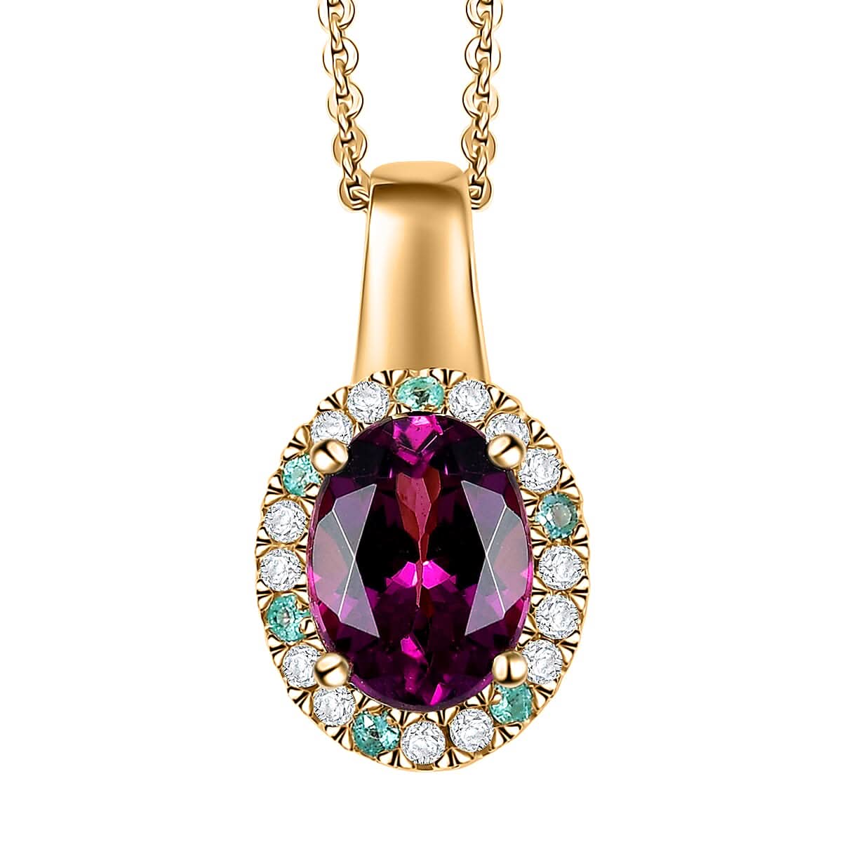AAA Radiant Ember Garnet, AAA Paraiba Tourmaline and Diamond 1.80 ctw Dewdrop Pendant Necklace in 18K Vermeil Yellow Gold Over Sterling Silver 20 Inches