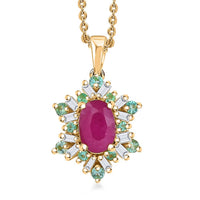 Premium Royal Ruby, AAA Paraiba Tourmaline and I3 Diamond 0.75 ctw Sunburst Pendant Necklace in 18K Vermeil Yellow Gold Over Sterling Silver 20 Inches