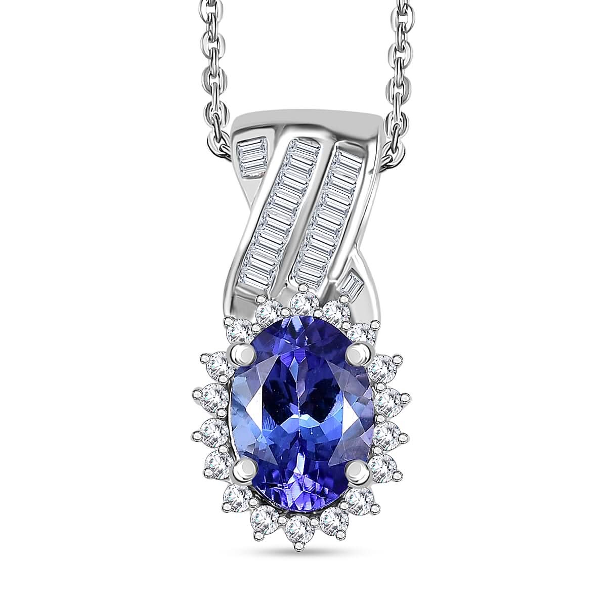 AAA Tanzanite and G-H I3 Diamond 1.20 ctw Pendant Necklace 20 Inches in Rhodium Over Sterling Silver